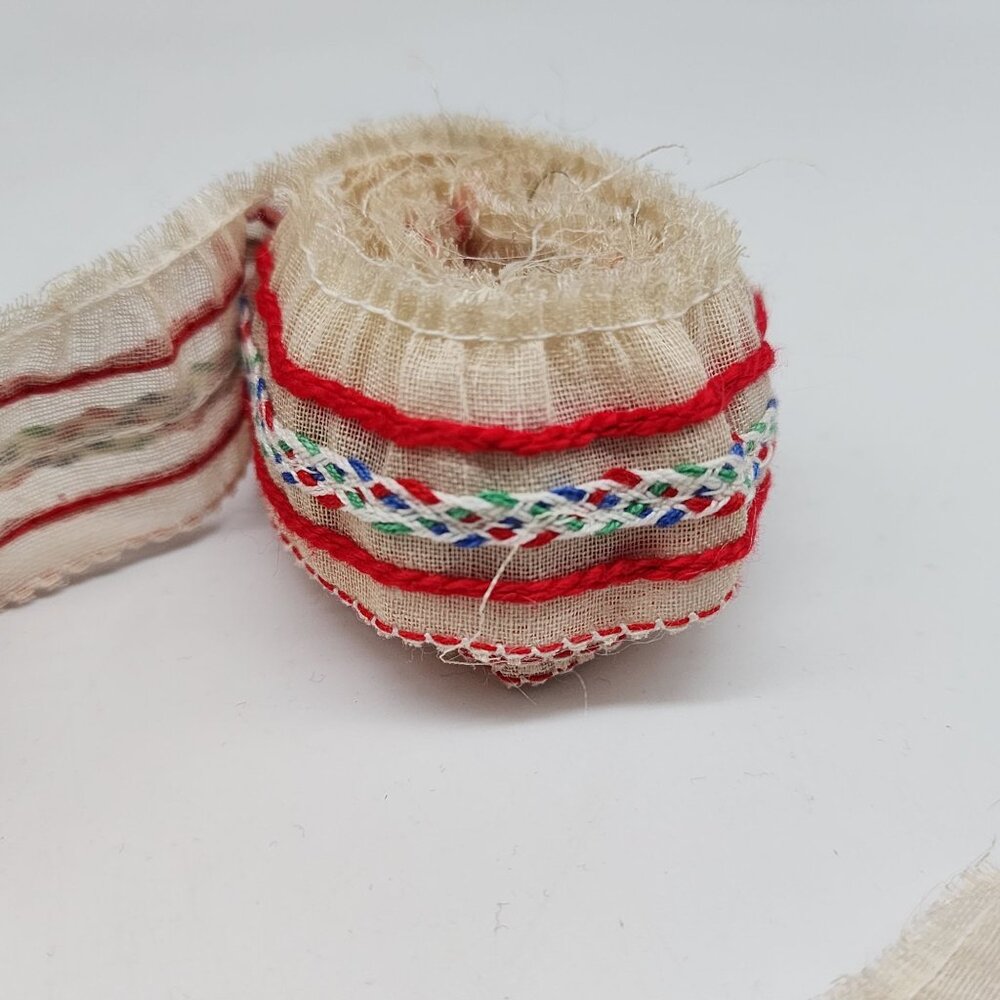 Vintage Ruffled Trim With Red Stripes & Multicolor Woven Accent 1 Yard 17 Inches